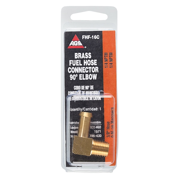 Ags Brass 90 Degree Fuel Elbow, 3/8 Hose, Male (1/4-18 NPT), 1/card FHF-16C - main